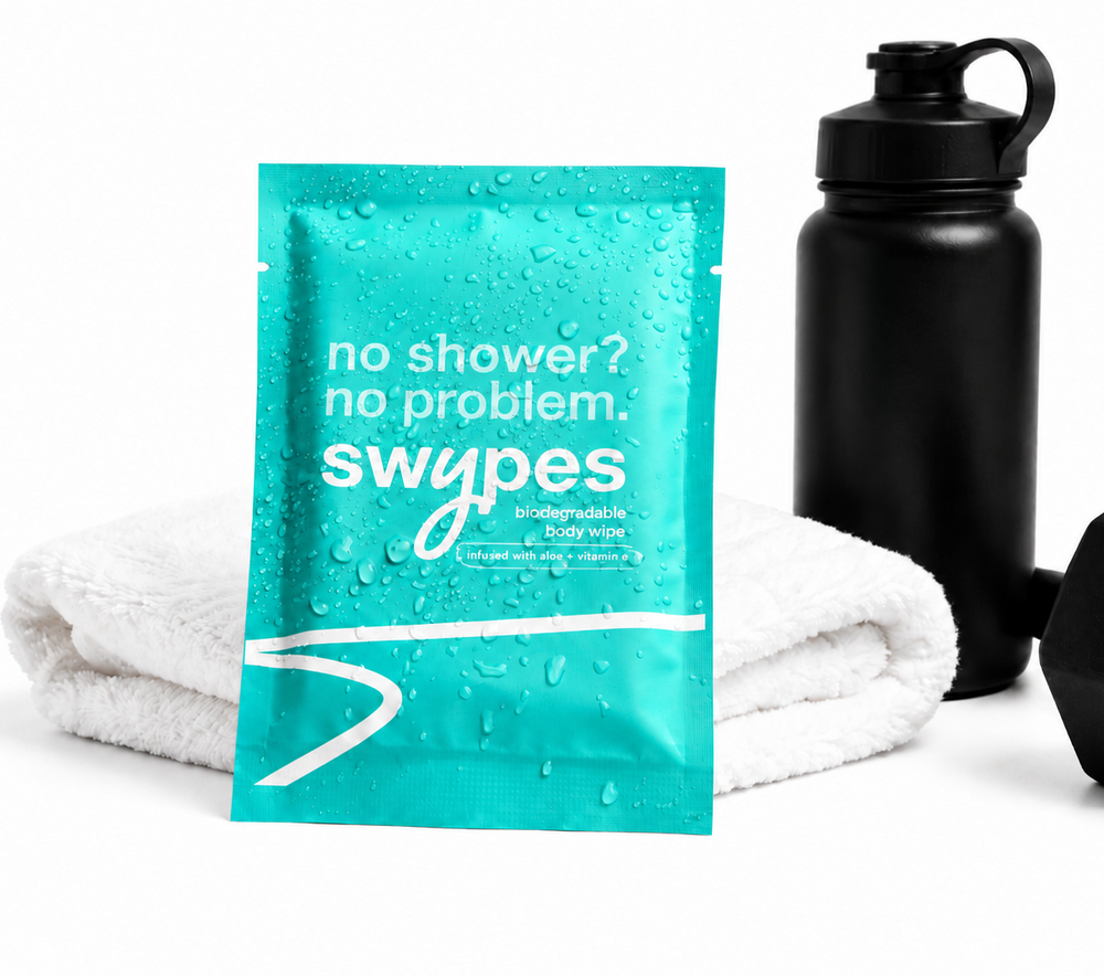 Swypes packaging with a towel, water bottle, and pouch on a white background