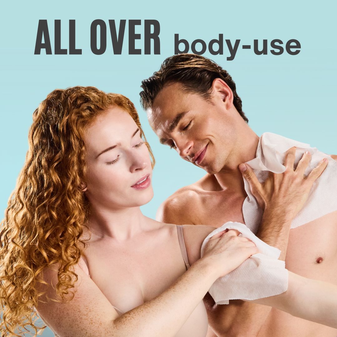 Woman and man using Swypes body wipes on different areas of the body to freshen up.